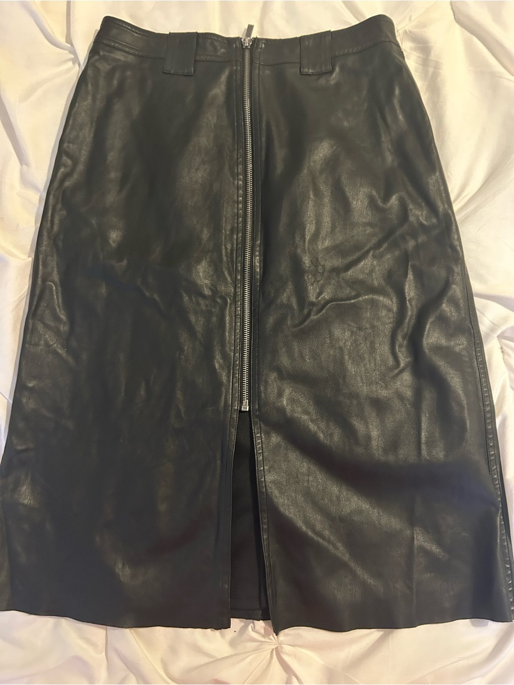 Tahari Black Faux Leather Trim Skirt with Silver Zipper